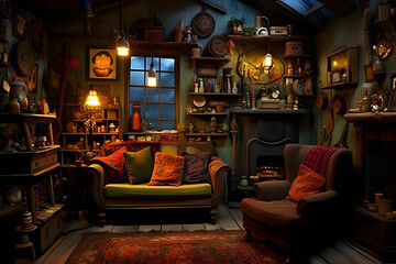 Cozy interior with a burning fire, comfortable furniture, and inviting ambiance.
