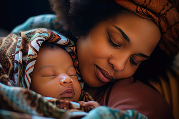 African American mother and her newborn baby, sharing a nice peaceful sleep, radiating love and unique bond of parenthood - obrazy, fototapety, plakaty