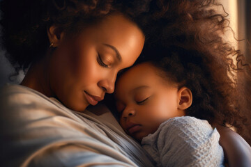 African American mother and her newborn baby, sharing a nice peaceful sleep, radiating love and unique bond of parenthood - obrazy, fototapety, plakaty