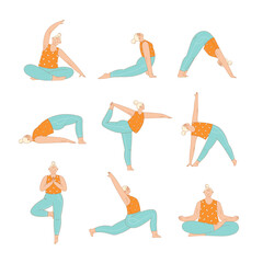 Senior woman cartoon character practicing yoga. Set of various yoga poses. Flat outlined colorful vector illustration.

