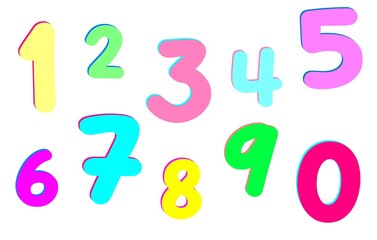 Collection of colorful numbers zero to nine for children's learning education isolated on white background