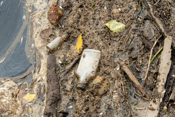A shocking image captures a river choked with plastic bottles and debris piled up near a dock, highlighting the pressing issue of water pollution.