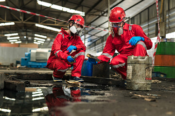 Male and female workers or scientists wearing red safety suits and gas masks undergoes cleaning and mopping up of spilled oil in the factory area for inspection in the laboratory. - obrazy, fototapety, plakaty