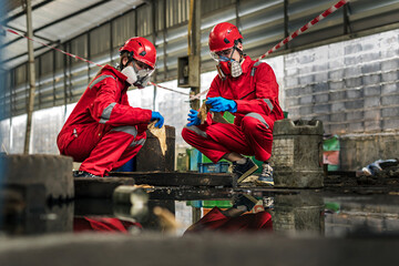 Male and female workers or scientists wearing red safety suits and gas masks undergoes cleaning and mopping up of spilled oil in the factory area for inspection in the laboratory. - obrazy, fototapety, plakaty