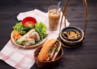 Pan-Asian dish setup on the dark table