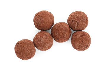 Tasty sweet chocolate candies isolated on white, top view