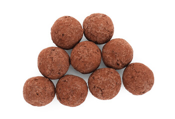 Tasty sweet chocolate candies isolated on white, top view