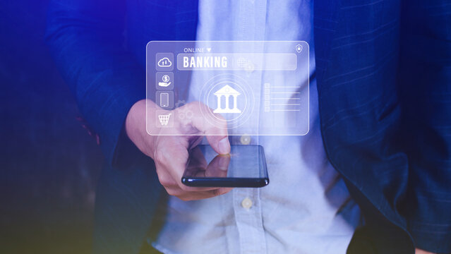 Businessman touches online banking and network connection icons on smart phone, online payment icons on virtual screen, Internet Online Banking Pay Concept.