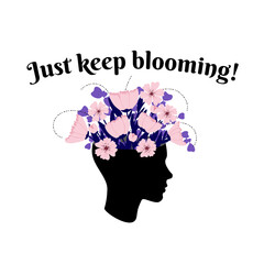 Otwarta głowa z bukietem kwitnących kwiatów i napis. Wzrost emocjonalny, psychoterapia, optymizm, zdrowa głowa i zdrowie psychiczne. - obrazy, fototapety, plakaty