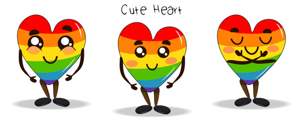 LGBT symbol cute rainbow  heart character set, celebration of lesbian, gay, bisexual, and transgender pride. LGBT Pride Month.Vector illustration design template. Vector objekt in cartoon sketch style
