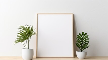 blank wooden picture frame mockup in interior with houseplants generative AI