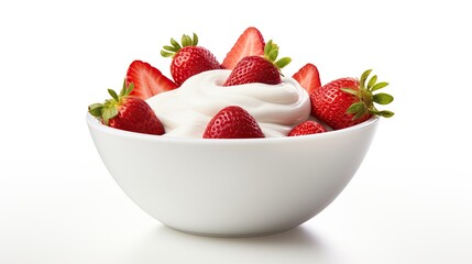 bowl of strawberries and cream isolated on white background generative AI