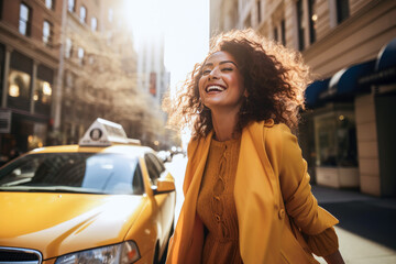 Joyful woman in yellow coat entering a taxi after a romantic first date in the city, showcasing...