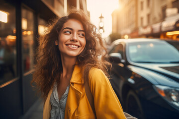 Joyful woman in yellow coat entering a taxi after a romantic first date in the city, showcasing genuine connection and happiness