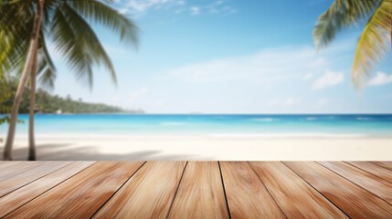 empty wooden table top with view of tropical beach of spring summer time blurred background template for product presentation display 3d rendering generative AI