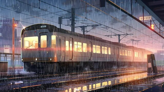 Train platform, foggy dawn, rain, water puddle, anime background