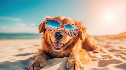 dog summer vacation, funny pet with sunglasses sunbathing on a tropical beach, relaxed holiday spirit generative AI