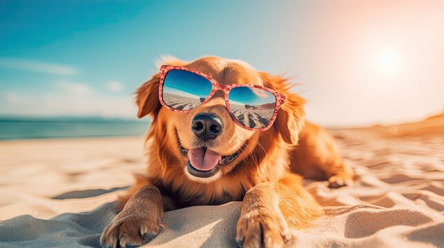 dog summer vacation, funny pet with sunglasses sunbathing on a tropical beach, relaxed holiday spirit generative AI