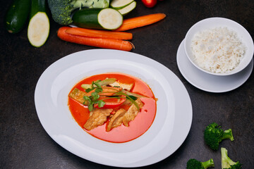 Chicken curry with rice. Pan-asian food set top view on a dark table