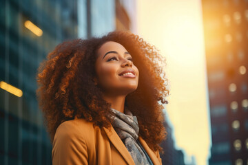 Happy wealthy rich successful black businesswoman standing in big city with modern skyscrapers and sunset, thinking of successful vision, dreaming of new investment opportunities - obrazy, fototapety, plakaty