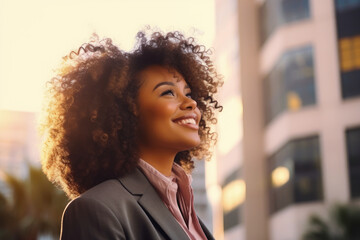 Happy wealthy rich successful black businesswoman standing in big city with modern skyscrapers and sunset, thinking of successful vision, dreaming of new investment opportunities