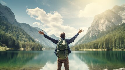 Fototapeta na wymiar happy hiker with backpack raising arms up with a lake in the background generative AI