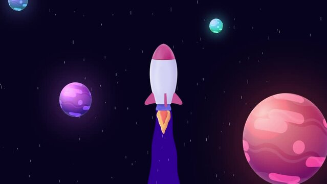 Looped cartoon spaceship adventure animation. Rocketship in the space among the planets. Video animation
