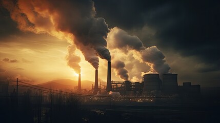 industrial factory pollution, smokestack exhaust gases, bad atmosphere generative AI