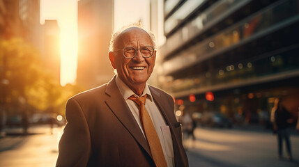 Happy aging retirement senior citizen. Elderly 70 year old pensioner smiling at sunset at wall street.