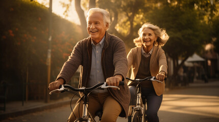 Happy elderly couple riding bikes at golden hour in the city. Active senior couple with bicycle in public park together having fun lifestyle with copy space.  Generative AI. - obrazy, fototapety, plakaty