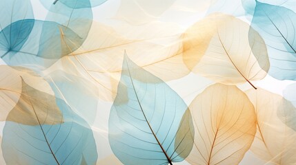 natural light background with texture of transparent leaves with streaks of blue turquoise and beige soft pastel colors, macro generative AI