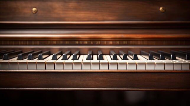 old wooden piano keys on wooden musical instrument in front view, antique fashioned generative AI