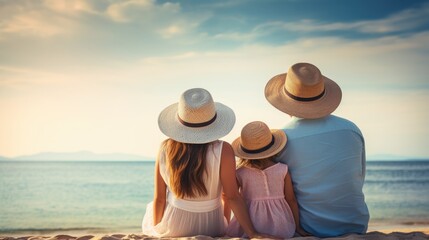 portrait of a happy family wearing straw hats on the beach with blue sky background at sunset, summer holiday vacation generative AI