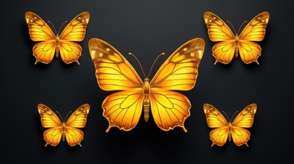 set of very beautiful gold orange butterflies isolated on a black background generative AI