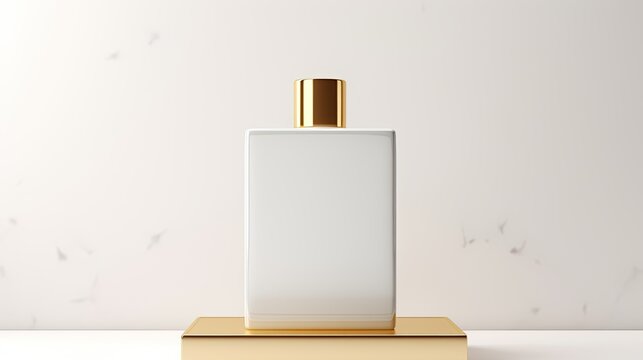 white cosmetic bottle dispenser with golden cap inside square frame, placed on pedestal isolated on white background beauty product blank container mockup minimal showcase generative AI
