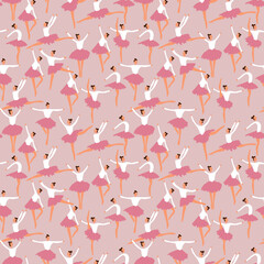 Ballerina posing in soft pastel pink pattern. Vector seamless pattern design for textile, fashion, paper and wrapping. 
