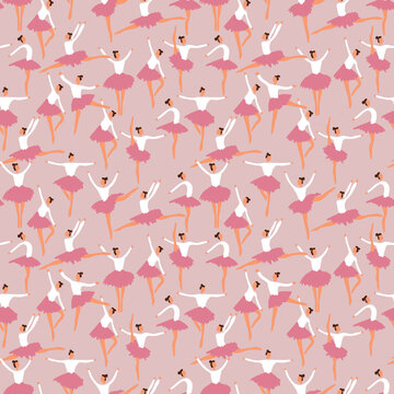 Ballerina posing in soft pastel pink pattern. Vector seamless pattern design for textile, fashion, paper and wrapping. 