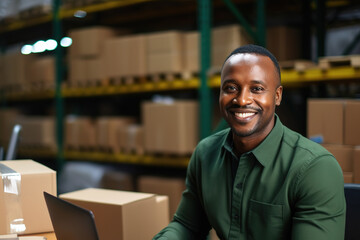 Black male warehouse worker with laptop in delivery warehouse
