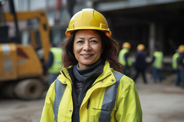 Middle aged Asian female builder worker in hard hat, woman at construction site