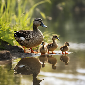 Tres patitos con su madre entrando al agua 