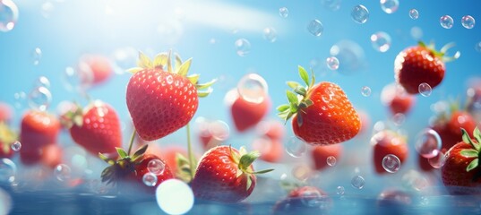 Strawberry fruit with bubbles. Generative AI technology.