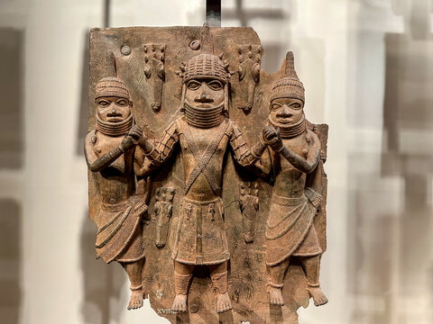London, UK - July 12, 3023:The disputed Benin Bronzes on display at the Royal Museum in London