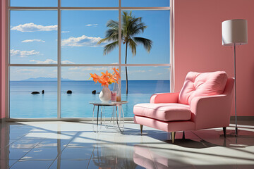 Fototapeta na wymiar Minimalistic Aesthetic Summer Scene. Sunny Seascape View, Oceanic Balcony with Armchairs, Tranquil Terrace, Poolside Palm Trees, Restful Window Scenery. Generative AI.