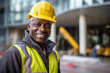 Middle aged African male builder worker in hard hat, man at construction site
