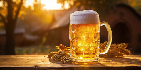 A close-up photo of a frosty mug of golden beer resting on the edge of an aged oak table on blurred sunny background