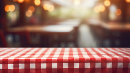 Empty red checkered tablecloth in white table top with blur background