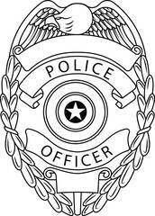 Police badge isolated. Police officer badge with eagle, star, banner and reeds.Law enforcement badge. - obrazy, fototapety, plakaty