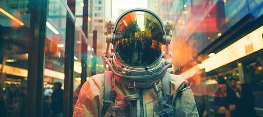 Fototapeta na wymiar Astronaut at city street alley. Futuristic cyberpunk theme. Fictional character. Generative AI technology.