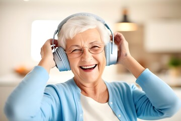 ヘッドフォンで音楽を聴くおばあちゃん