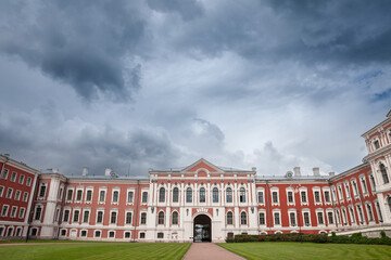 Main facade of the Jelgava Palace, also called Mittau Castle or Jelgavas Pils, a major baroque castle converted into a University of Agriculture in Jelgava, Latvia.